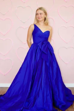 Royal Blue A Line One Shoulder Long Prom Dress with Slit