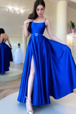 Royal Blue A Line Satin Prom Dress with Slit