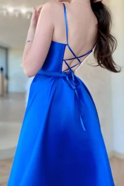 Royal Blue A Line Satin Prom Dress with Slit