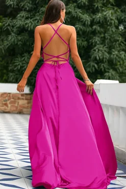 Royal Blue Backless Satin Prom Dress with Slit