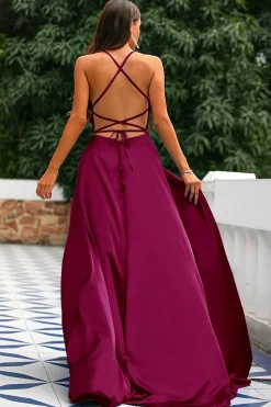 Royal Blue Backless Satin Prom Dress with Slit