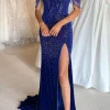 Royal Blue Beaded Corset Mermaid Prom Dress with Slit