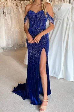 Royal Blue Beaded Corset Mermaid Prom Dress with Slit