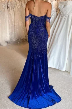 Royal Blue Beaded Corset Mermaid Prom Dress with Slit