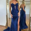 Royal Blue Corset Strapless Mermaid Long Prom Dress with Slit