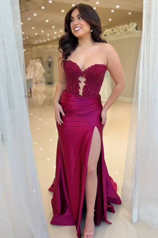 Royal Blue Corset Strapless Mermaid Long Prom Dress with Slit