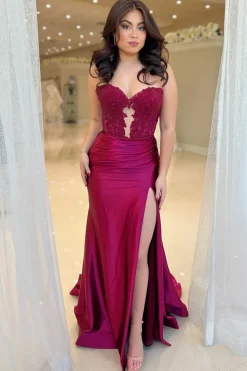 Royal Blue Corset Strapless Mermaid Long Prom Dress with Slit