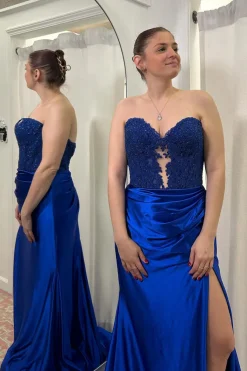 Royal Blue Corset Strapless Mermaid Long Prom Dress with Slit