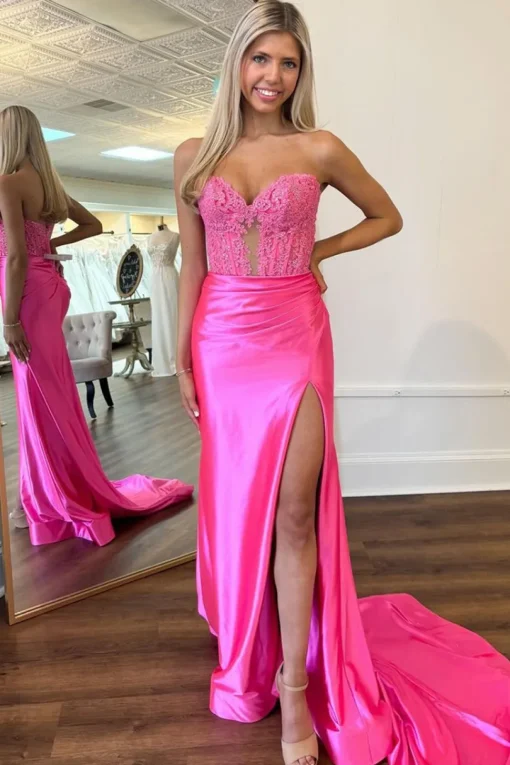 Royal Blue Corset Strapless Mermaid Long Prom Dress with Slit