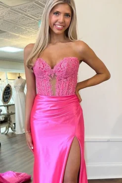 Royal Blue Corset Strapless Mermaid Long Prom Dress with Slit