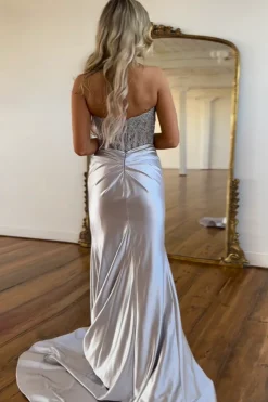 Royal Blue Corset Strapless Mermaid Long Prom Dress with Slit