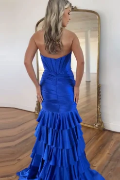 Royal Blue Corset Tiered Strapless Long Prom Dress with Slit