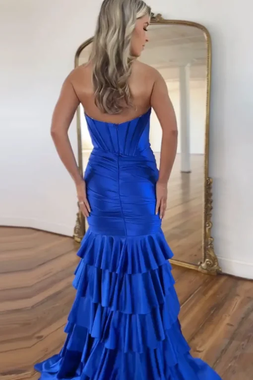 Royal Blue Corset Tiered Strapless Long Prom Dress with Slit