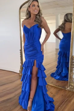 Royal Blue Corset Tiered Strapless Long Prom Dress with Slit