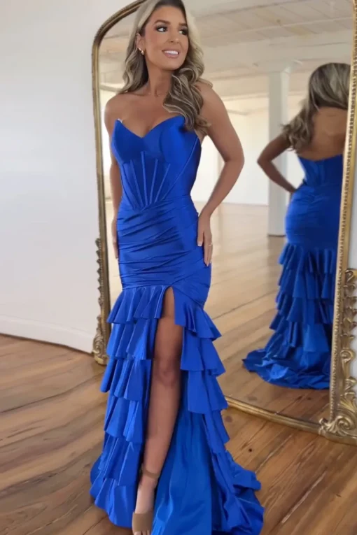 Royal Blue Corset Tiered Strapless Long Prom Dress with Slit