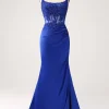 Royal Blue Mermaid Corset Beaded Long Prom Dress with Slit