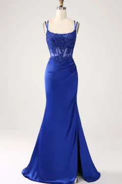 Royal Blue Mermaid Corset Beaded Long Prom Dress with Slit