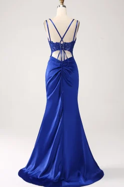 Royal Blue Mermaid Corset Beaded Long Prom Dress with Slit