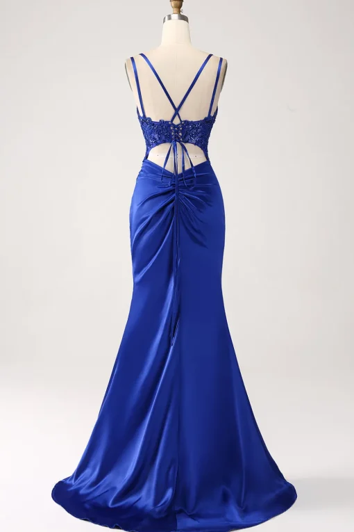Royal Blue Mermaid Corset Beaded Long Prom Dress with Slit