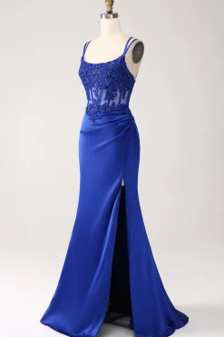 Royal Blue Mermaid Corset Beaded Long Prom Dress with Slit