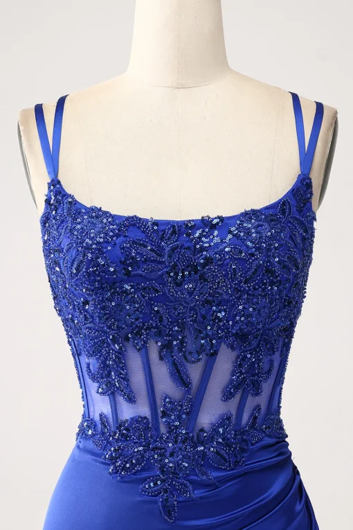 Royal Blue Mermaid Corset Beaded Long Prom Dress with Slit