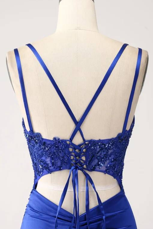 Royal Blue Mermaid Corset Beaded Long Prom Dress with Slit
