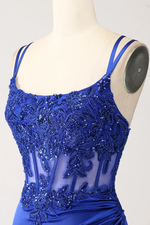 Royal Blue Mermaid Corset Beaded Long Prom Dress with Slit