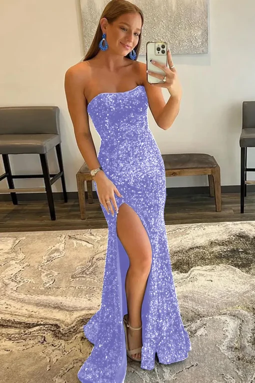Royal Blue Mermaid Sequins Long Prom Dress with Slit