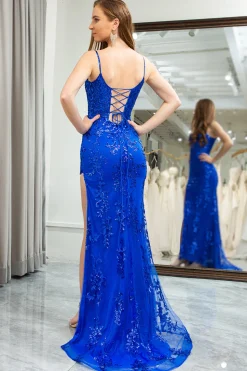 Royal Blue Mermaid Spaghetti Straps Sequin Long Prom Dress with Slit