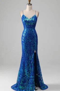 Royal Blue Mermaid Sparkly Prom Dress with Slit