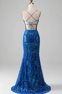 Royal Blue Mermaid Sparkly Prom Dress with Slit