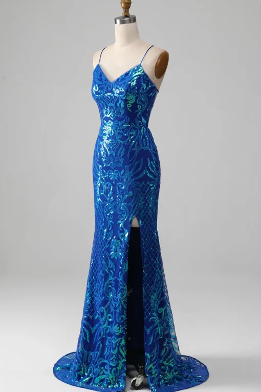 Royal Blue Mermaid Sparkly Prom Dress with Slit