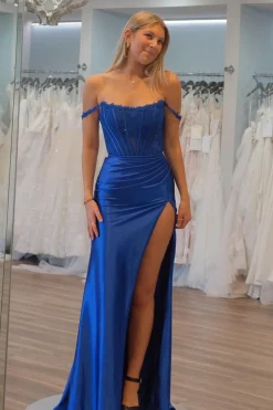Royal Blue Off the Shoulder Mermaid Corset Prom Dress with Slit