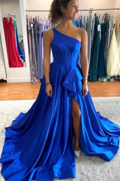 Royal Blue One Shoulder Prom Dress With Slit