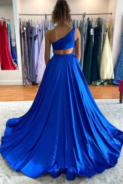 Royal Blue One Shoulder Prom Dress With Slit