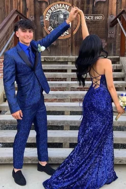 Royal Blue Peak Lapel Jacquard One Button 2-Piece Prom Suits