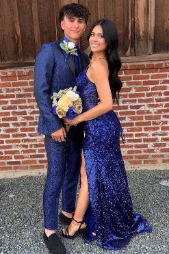 Royal Blue Peak Lapel Jacquard One Button 2-Piece Prom Suits