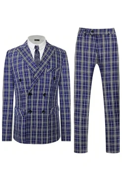 Royal Blue Plaid Peak Lapel Double Breasted 2 Piece Men's Suit