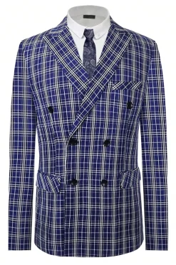 Royal Blue Plaid Peak Lapel Double Breasted 2 Piece Men's Suit