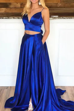 Royal Blue Satin A-line Prom Dress with Pockets