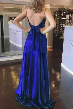 Royal Blue Satin A-line Prom Dress with Pockets
