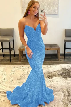 Royal Blue Sequin Mermaid Strapless Prom Dress
