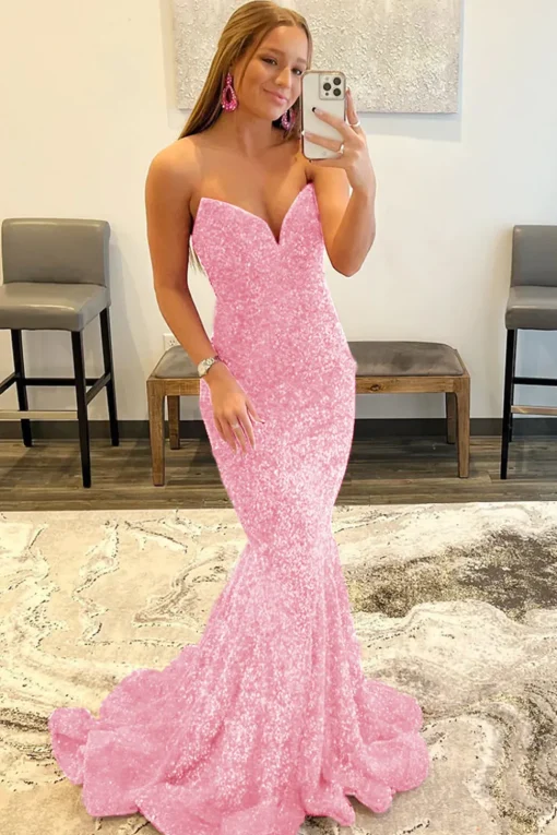 Royal Blue Sequin Mermaid Strapless Prom Dress