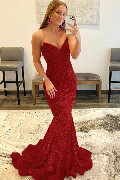 Royal Blue Sequin Mermaid Strapless Prom Dress
