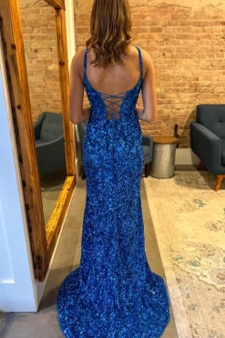 Royal Blue Sequins Sparkly Mermaid Prom Dress with Slit