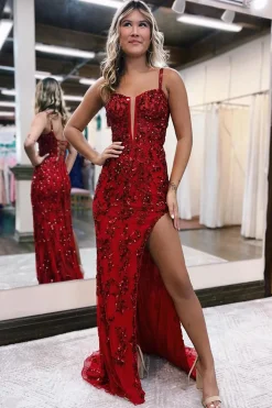 Royal Blue Sheath Beaded Side Slit Prom Dress