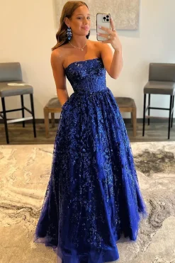 Royal Blue Sparkly Long Prom Dress with Pockets