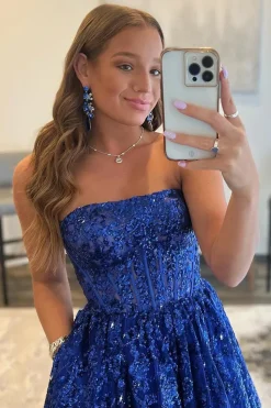Royal Blue Sparkly Long Prom Dress with Pockets