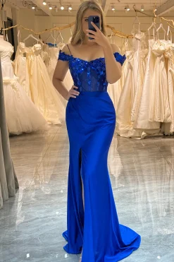 Royal Blue Sparkly Mermaid Off The Shoulder Long Prom Dress With Appliques