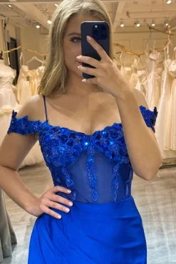 Royal Blue Sparkly Mermaid Off The Shoulder Long Prom Dress With Appliques